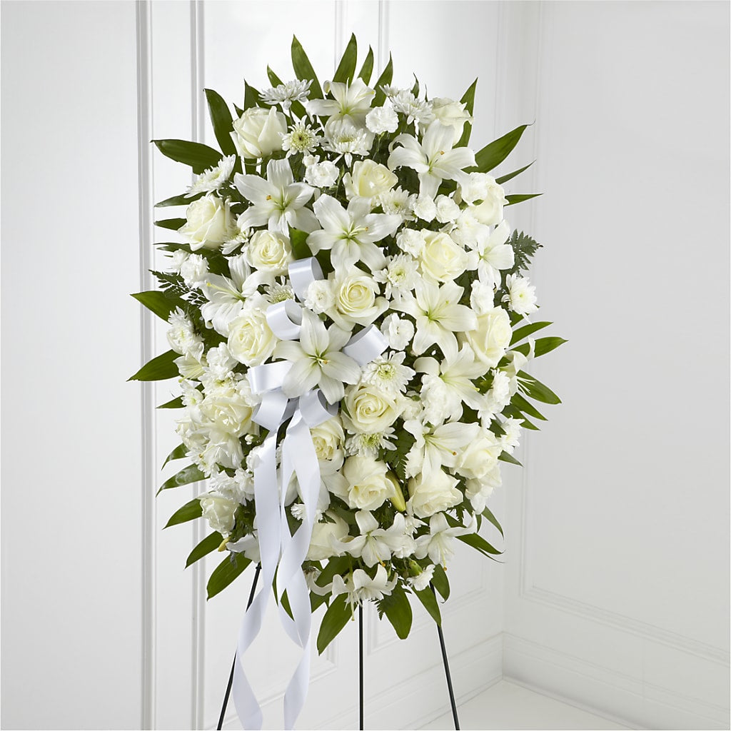 Exquisite Tribute Standing Spray-White Ribbon – Dillons, Hutchinson KS