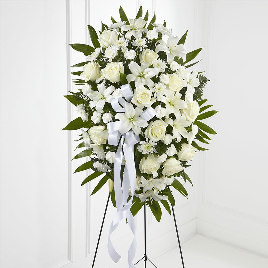 Exquisite Tribute Standing Spray-White Ribbon – Dillons, Hutchinson KS