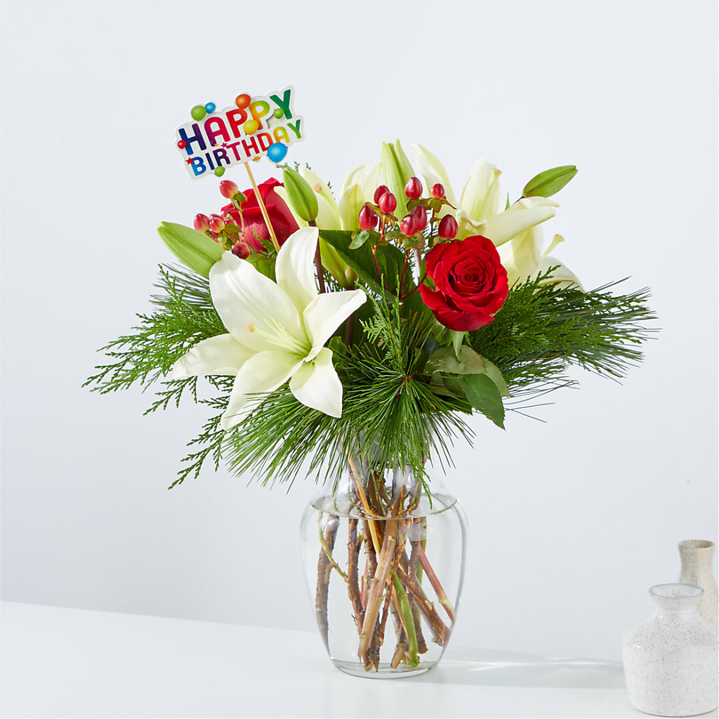 Evergreen Delight Bouquet & Happy Birthday Topper – Dillons, Hutchinson KS